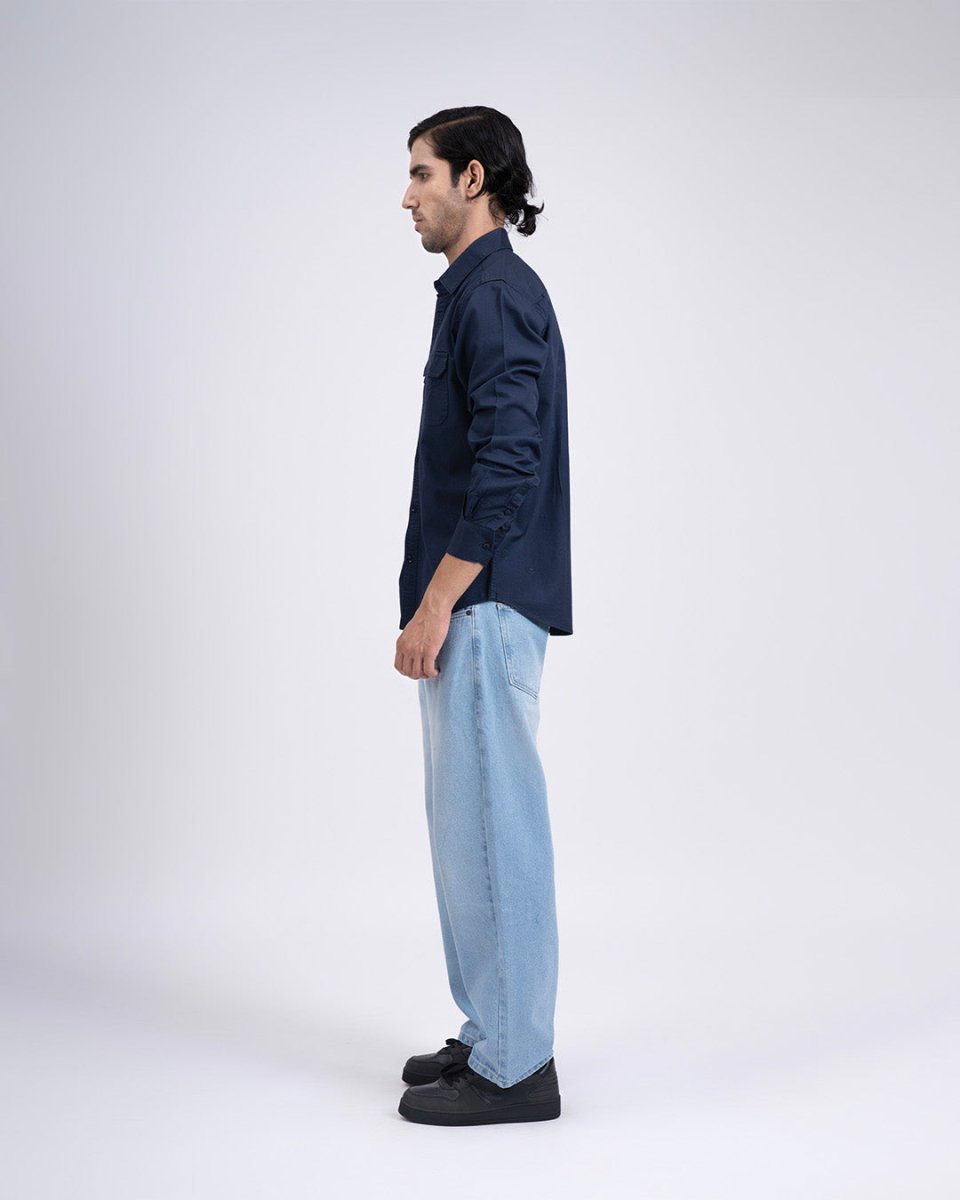 TAILORAEDGE Classic Cotton Cargo Shirt In Navy