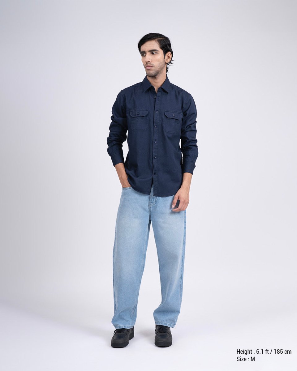 TAILORAEDGE Classic Cotton Cargo Shirt In Navy
