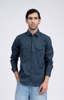 TAILORAEDGE Classic Cotton Cargo Shirt In Stone Blue