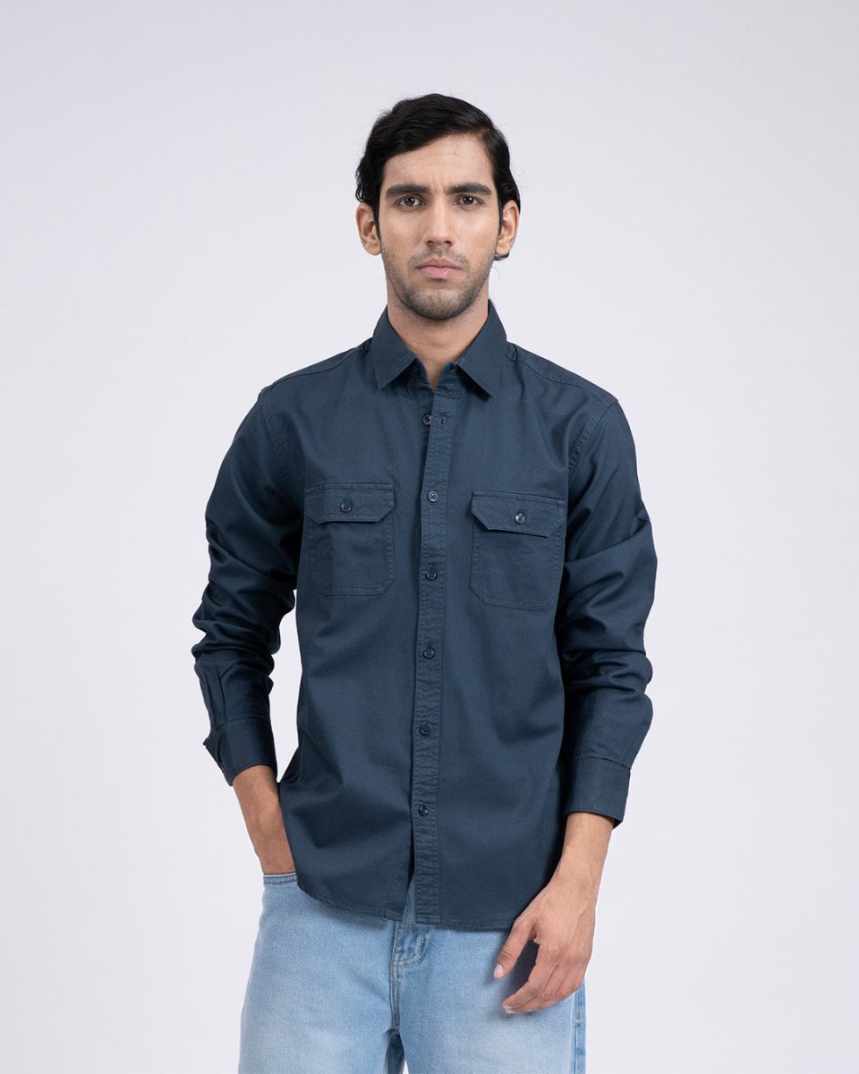 TAILORAEDGE Classic Cotton Cargo Shirt In Stone Blue