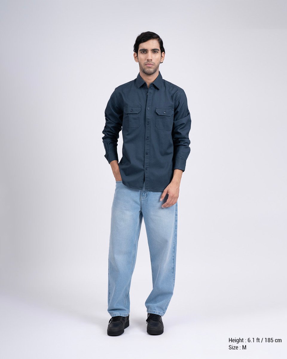 TAILORAEDGE Classic Cotton Cargo Shirt In Stone Blue