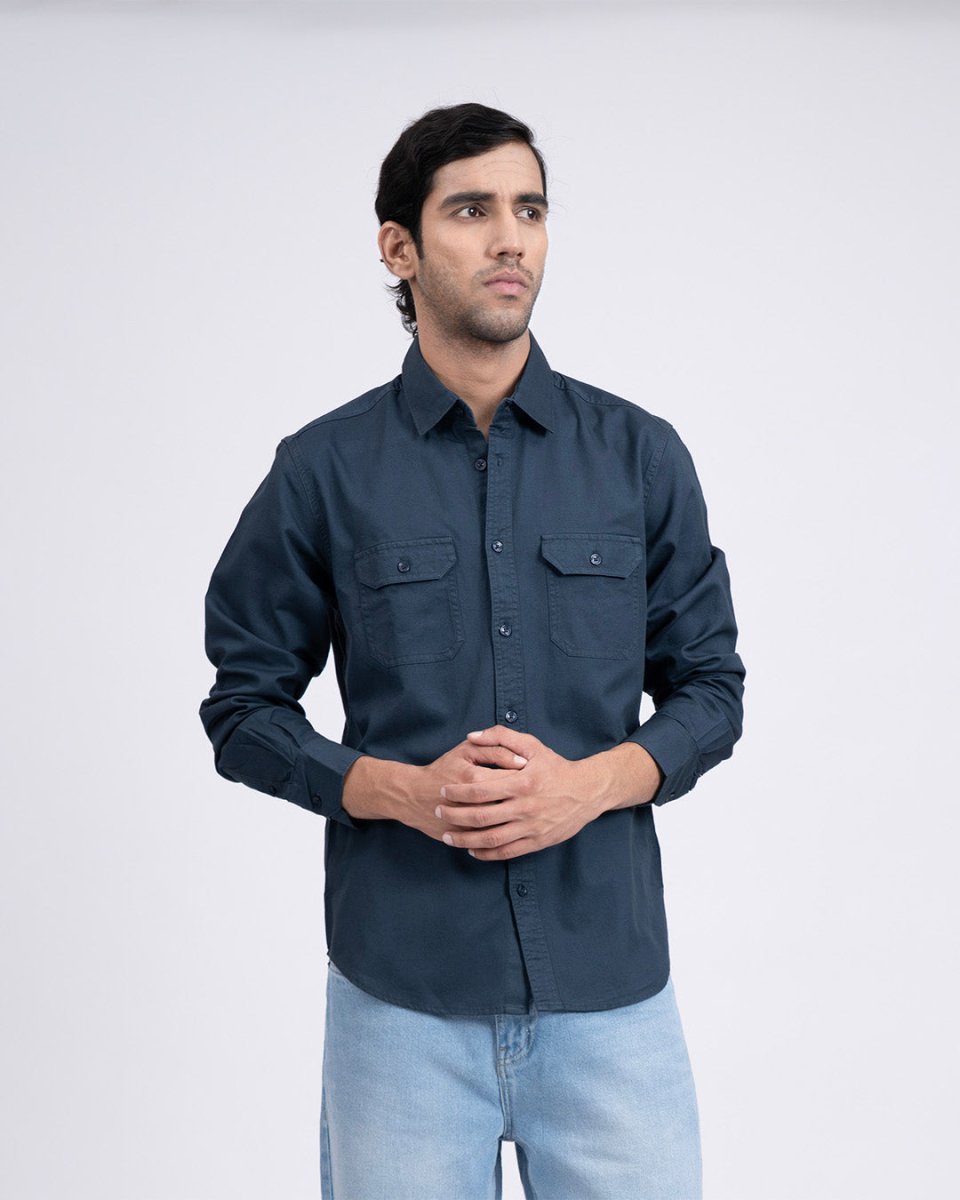 TAILORAEDGE Classic Cotton Cargo Shirt In Stone Blue