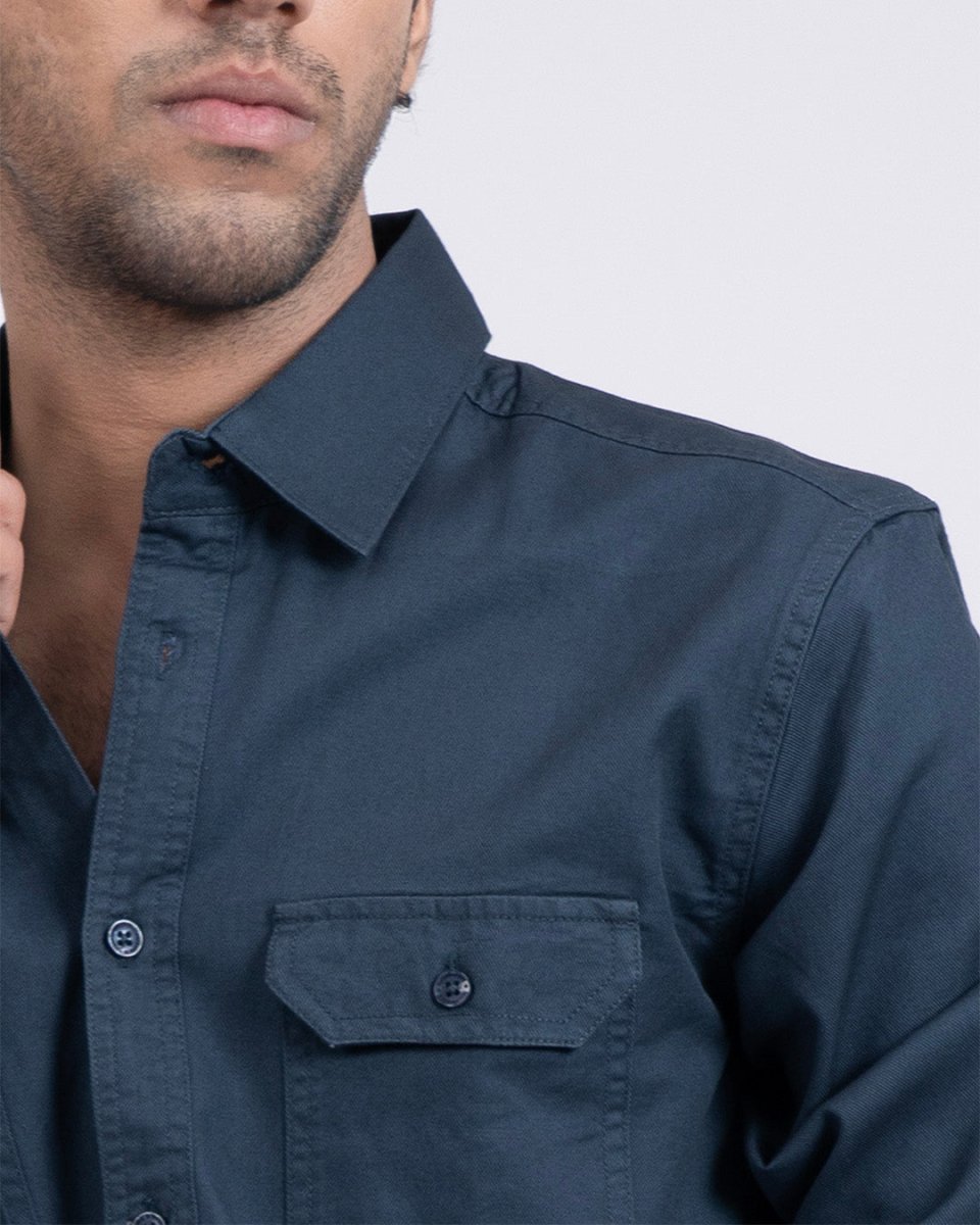 TAILORAEDGE Classic Cotton Cargo Shirt In Stone Blue