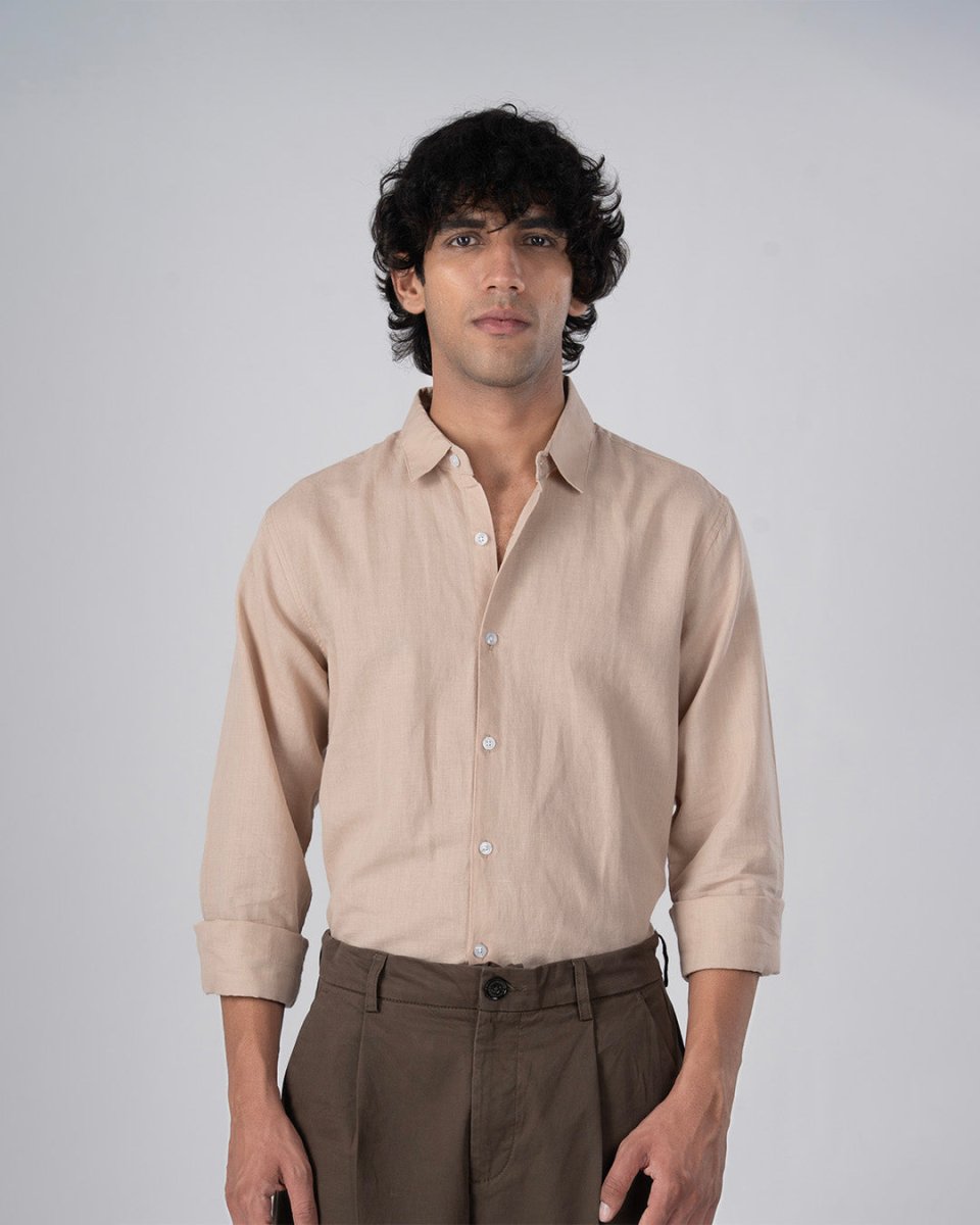 TAILORAEDGE Classic Fused Linen Shirt In Beige