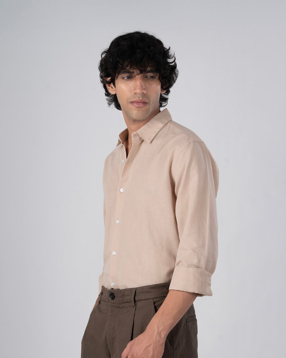 TAILORAEDGE Classic Fused Linen Shirt In Beige