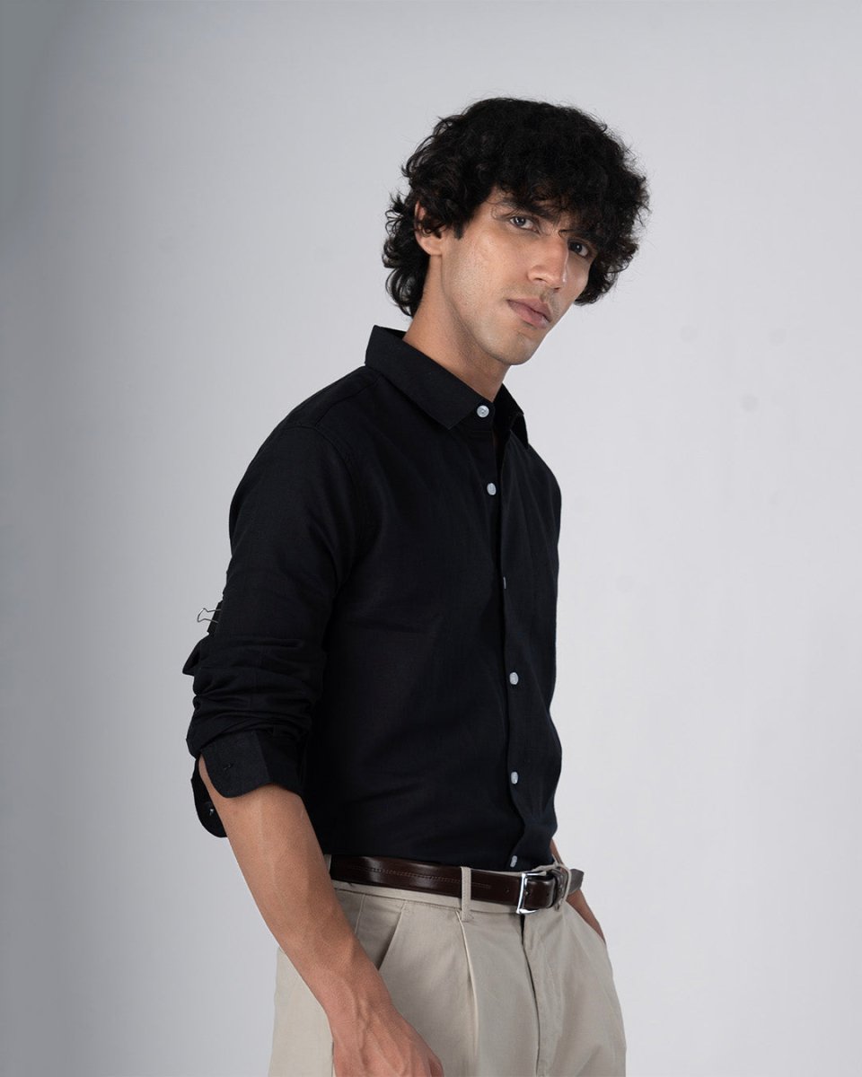 TAILORAEDGE Classic Fused Linen Shirt In Black