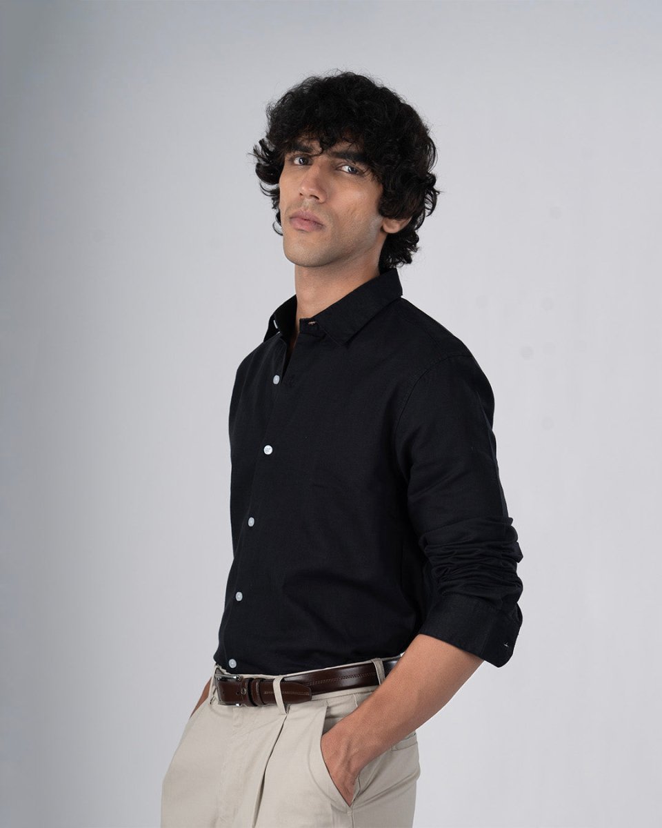 TAILORAEDGE Classic Fused Linen Shirt In Black