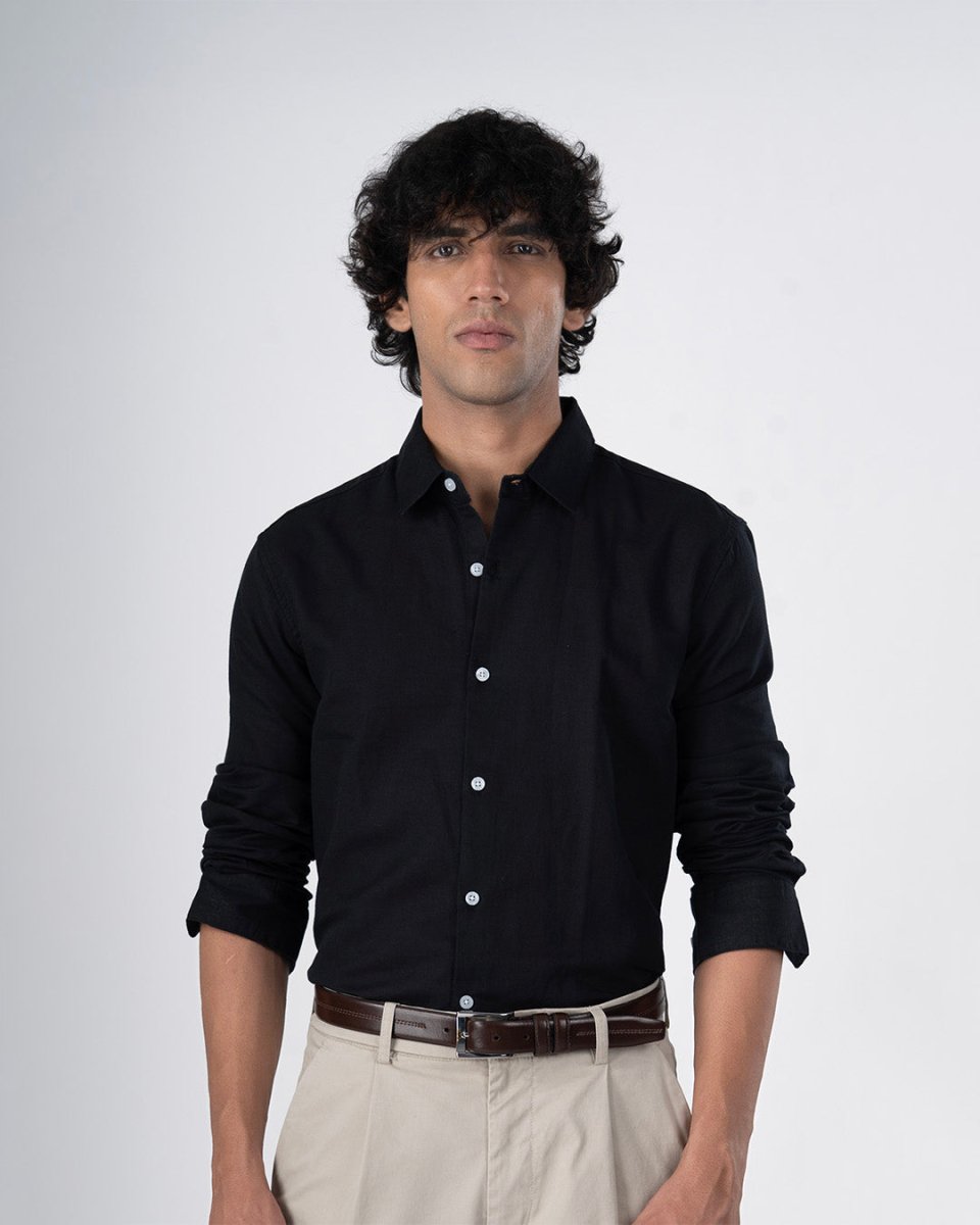 TAILORAEDGE Classic Fused Linen Shirt In Black