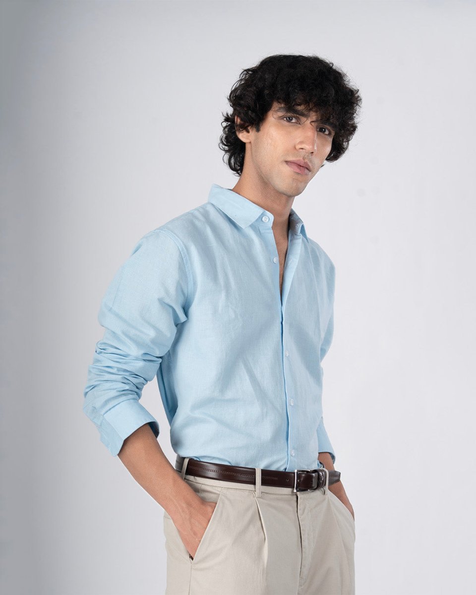 TAILORAEDGE Classic Fused Linen Shirt In Blue