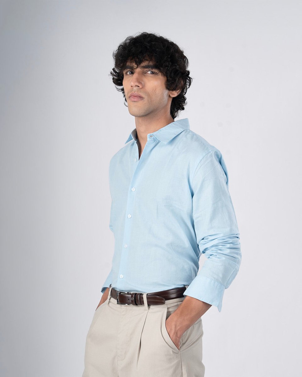 TAILORAEDGE Classic Fused Linen Shirt In Blue