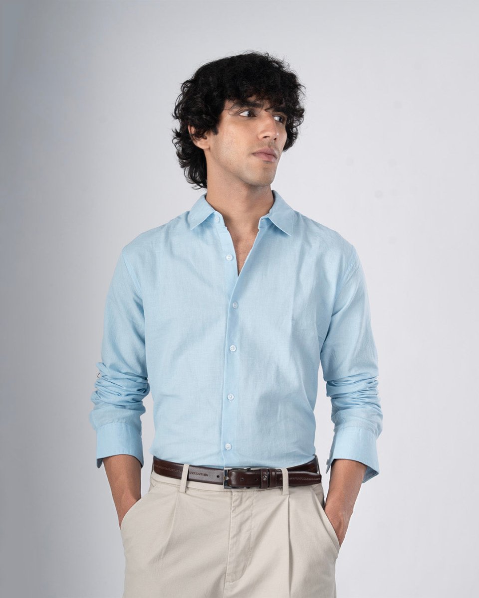 TAILORAEDGE Classic Fused Linen Shirt In Blue