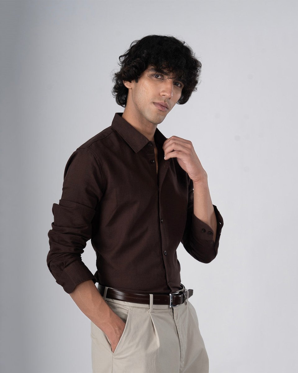TAILORAEDGE Classic Fused Linen Shirt In Brown
