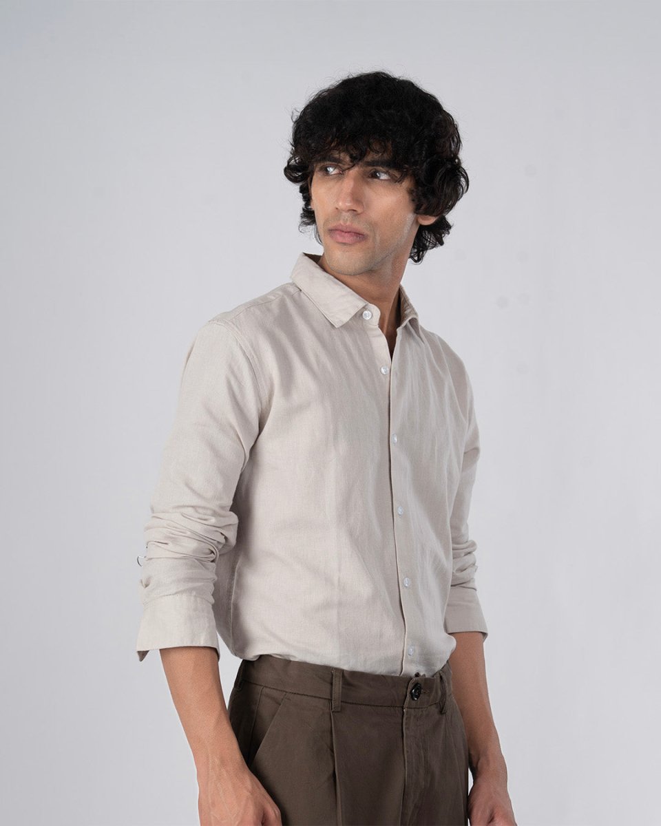 TAILORAEDGE Classic Fused Linen Shirt In Cream