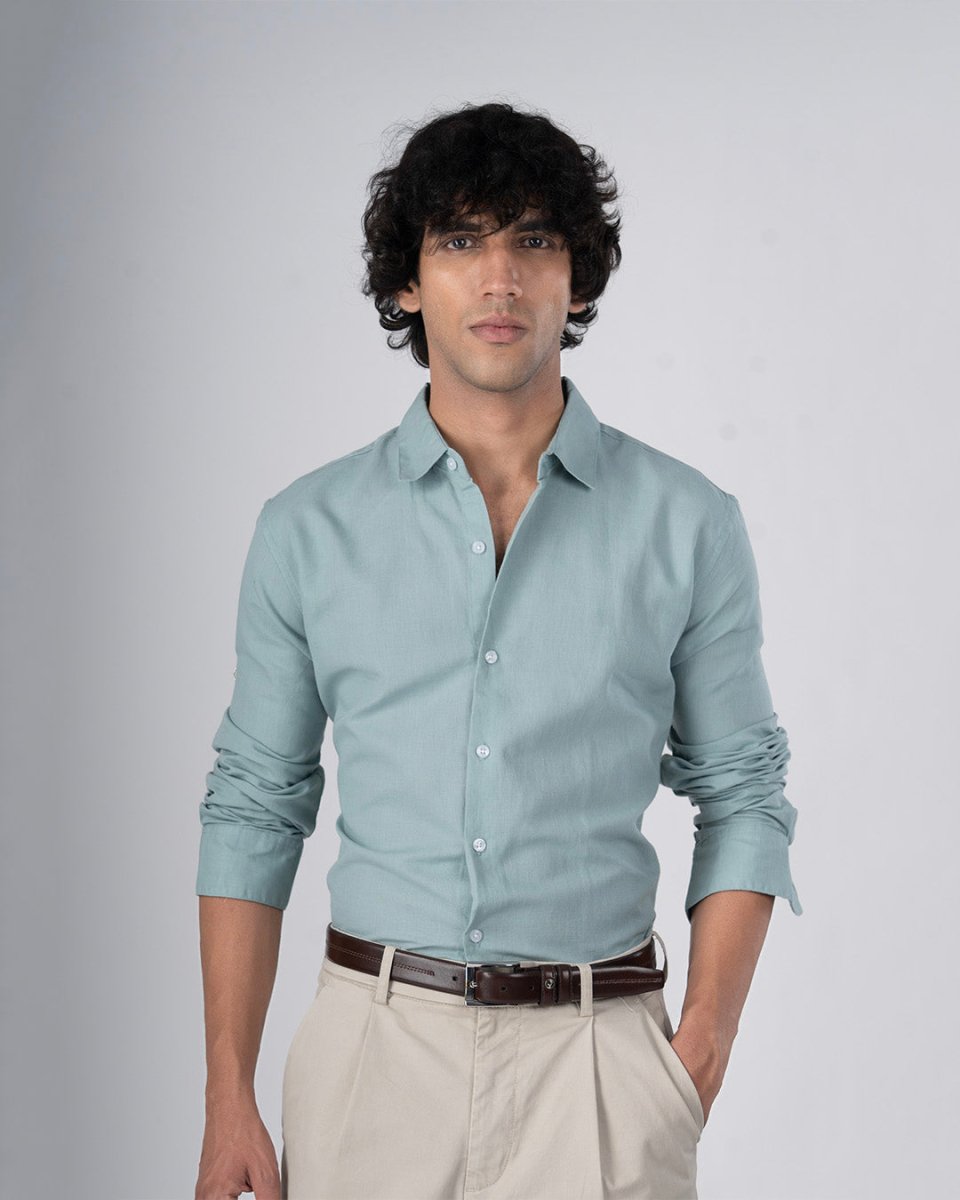 TAILORAEDGE Classic Fused Linen Shirt In Green