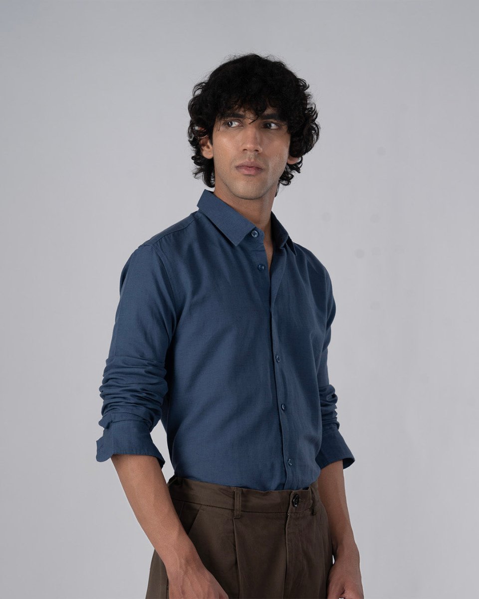 TAILORAEDGE Classic Fused Linen Shirt In Ocean Blue