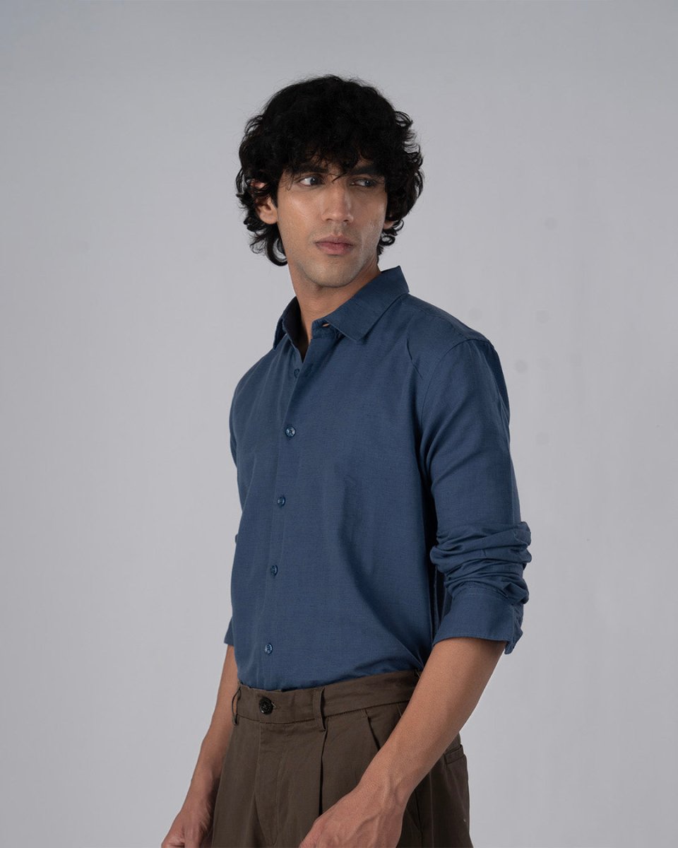 TAILORAEDGE Classic Fused Linen Shirt In Ocean Blue