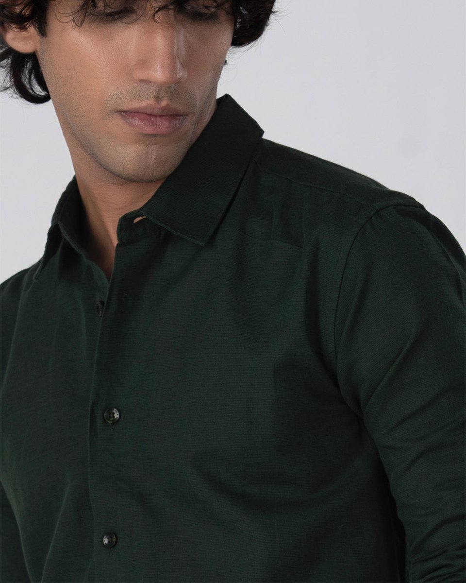 TAILORAEDGE Classic Fused Linen Shirt In Olive