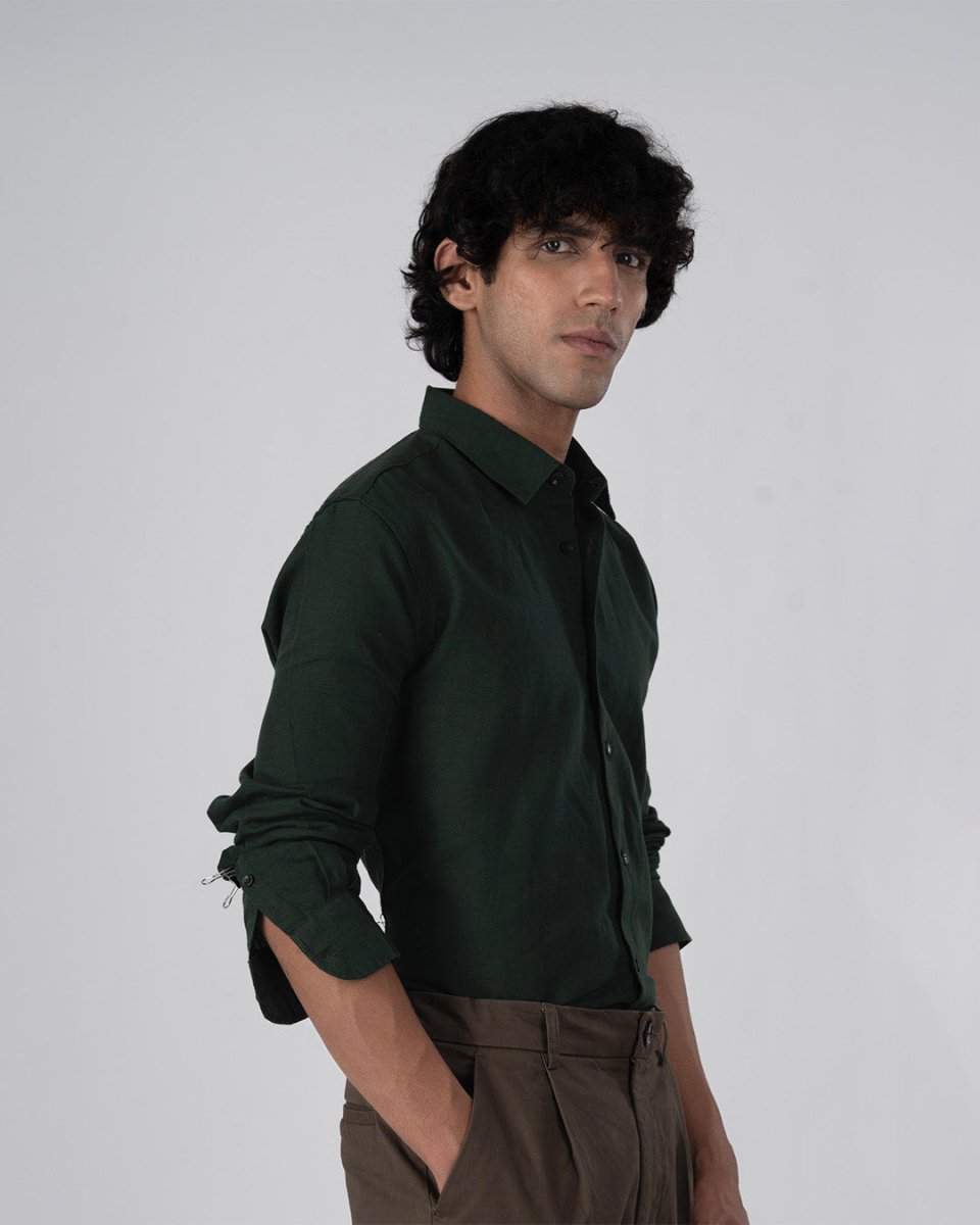 TAILORAEDGE Classic Fused Linen Shirt In Olive