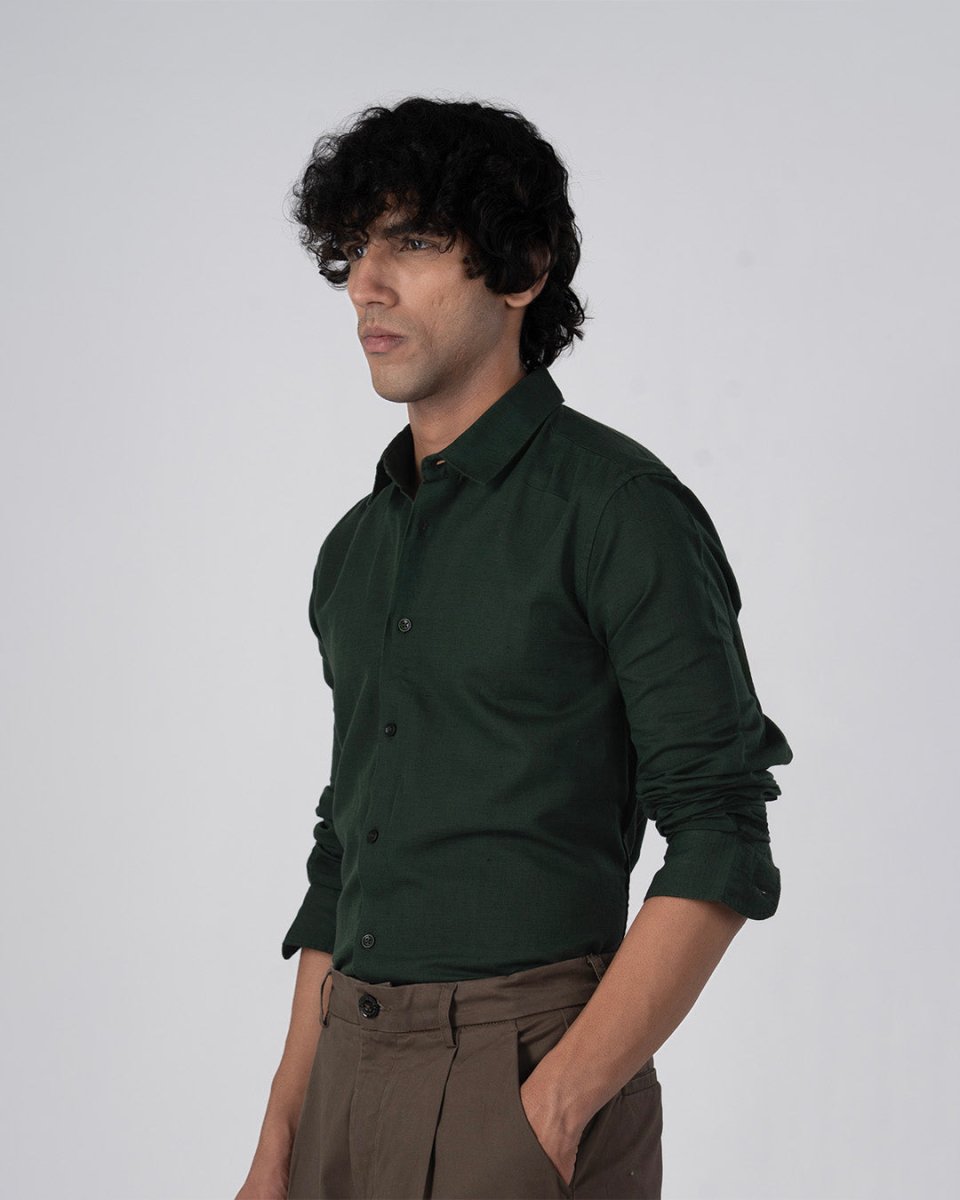 TAILORAEDGE Classic Fused Linen Shirt In Olive