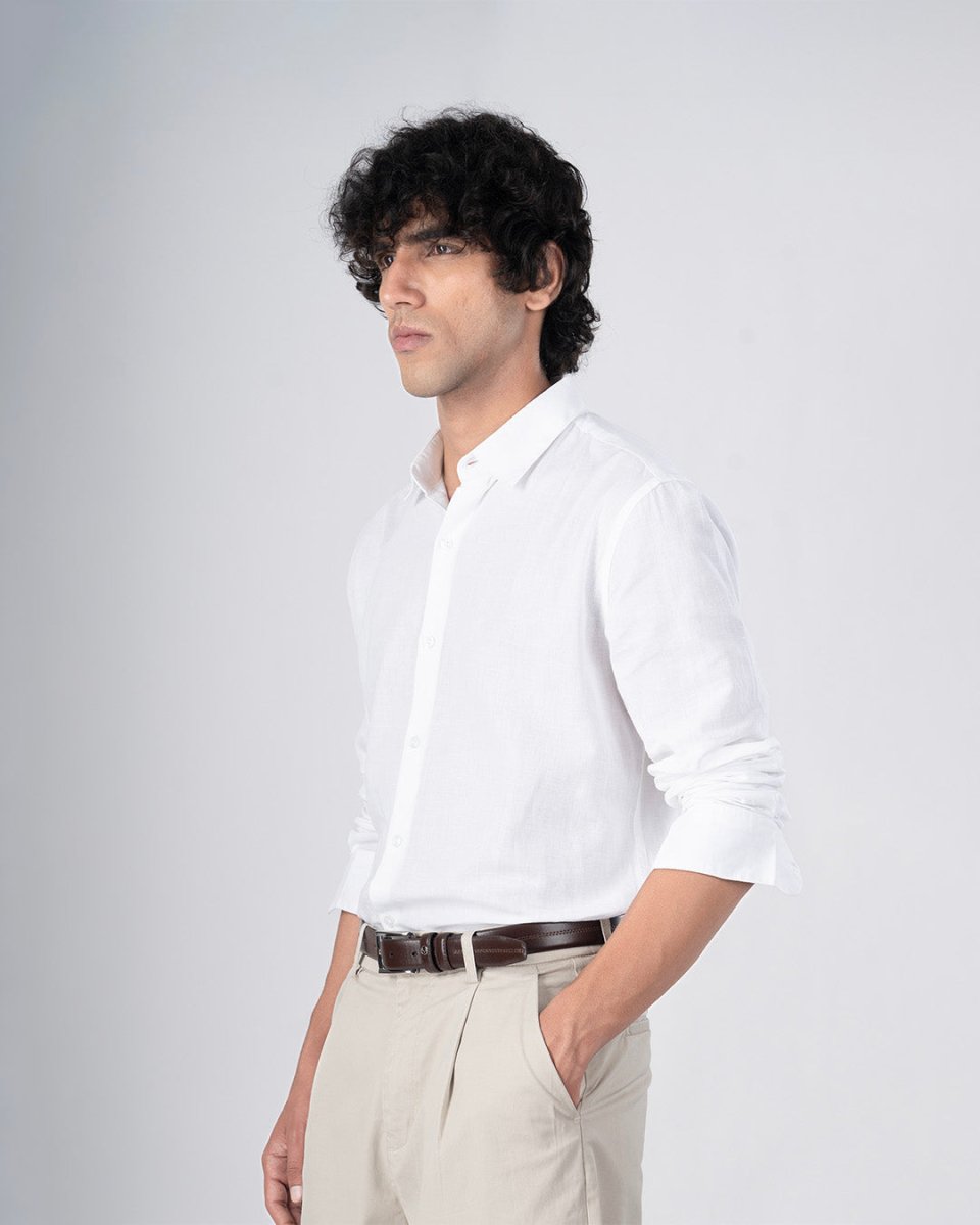 TAILORAEDGE Classic Fused Linen Shirt In White