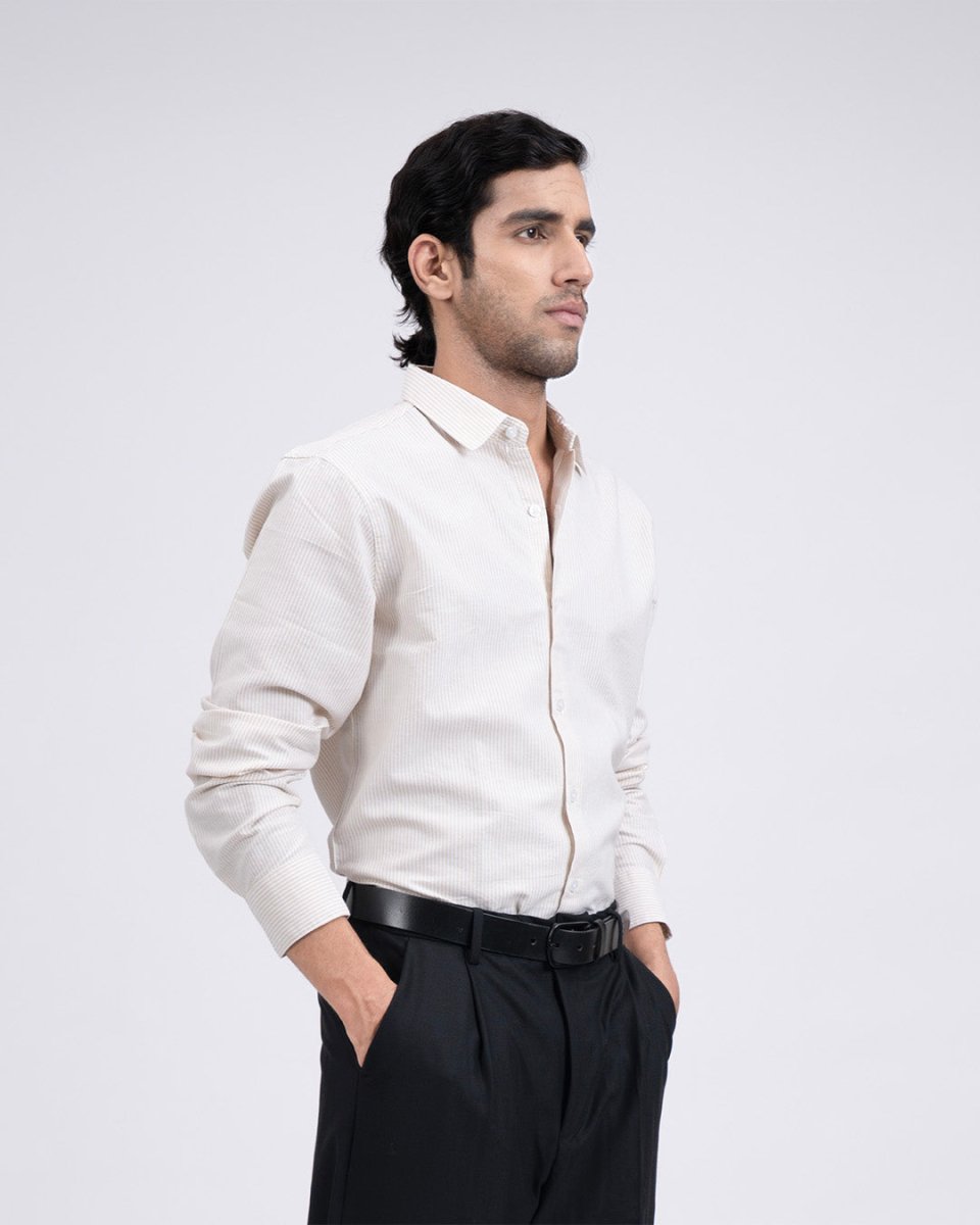 TAILORAEDGE Classic Oxford Stripe Shirt In Beige