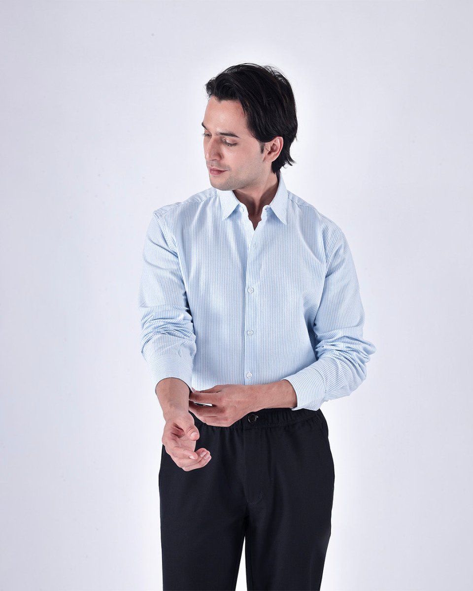 TAILORAEDGE Classic Oxford Stripe Shirt In Blue