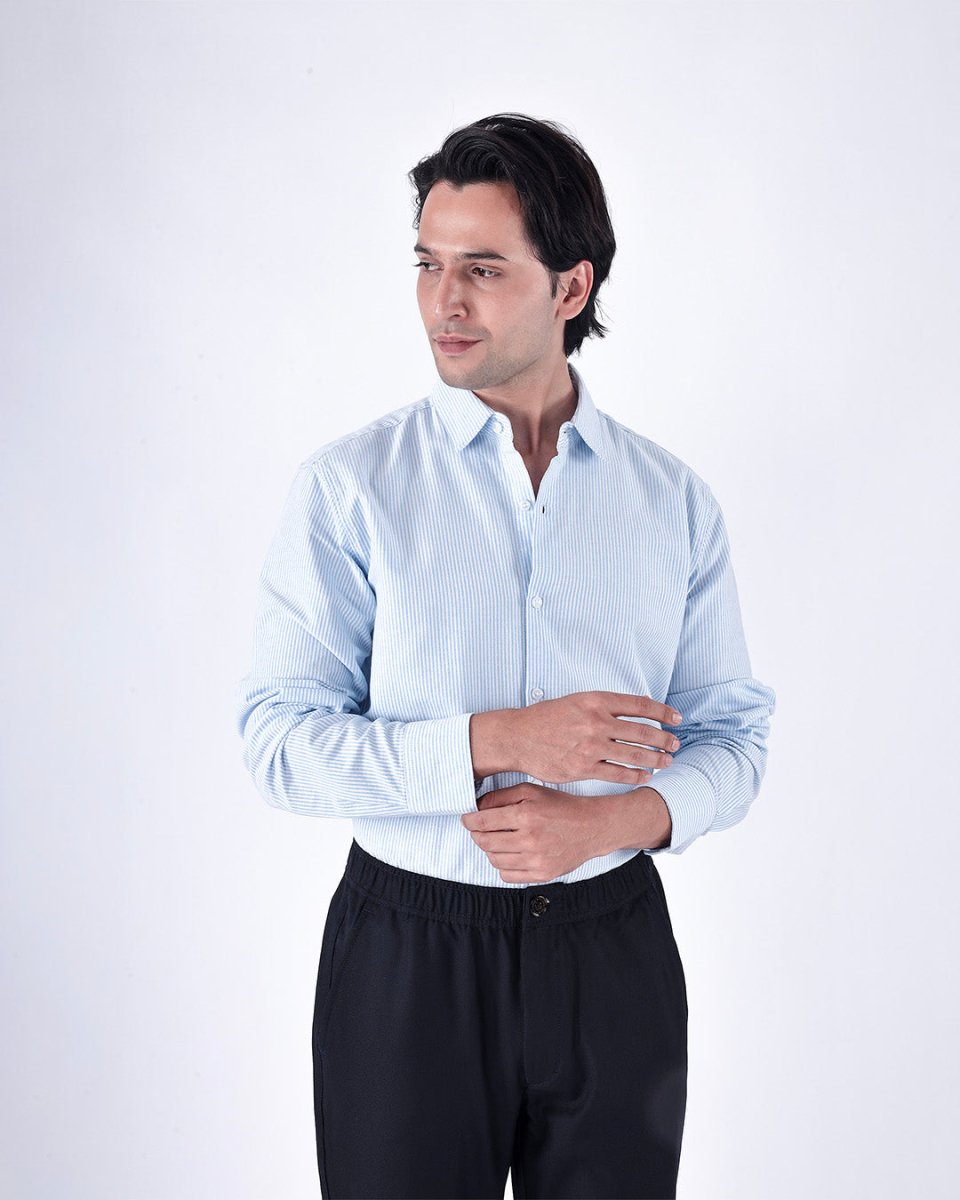 TAILORAEDGE Classic Oxford Stripe Shirt In Blue