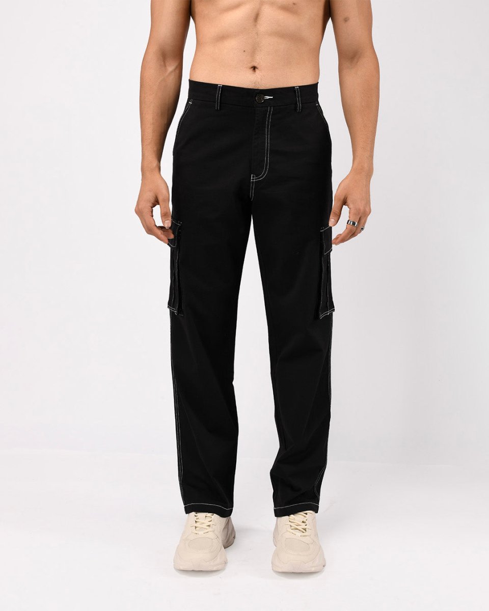 TAILORAEDGE Contrast Stitch Relaxed Cargo Pants In Black