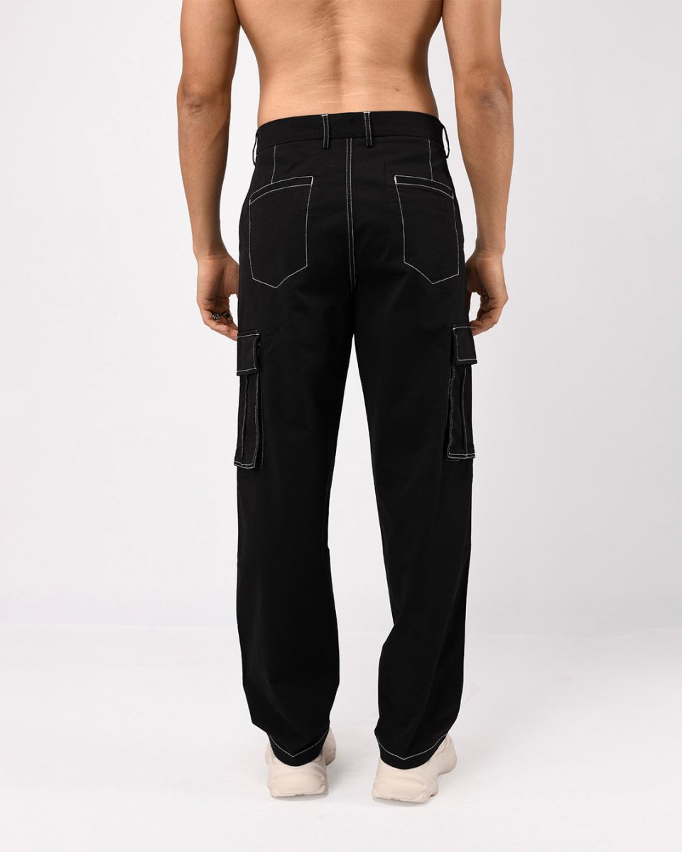 TAILORAEDGE Contrast Stitch Relaxed Cargo Pants In Black