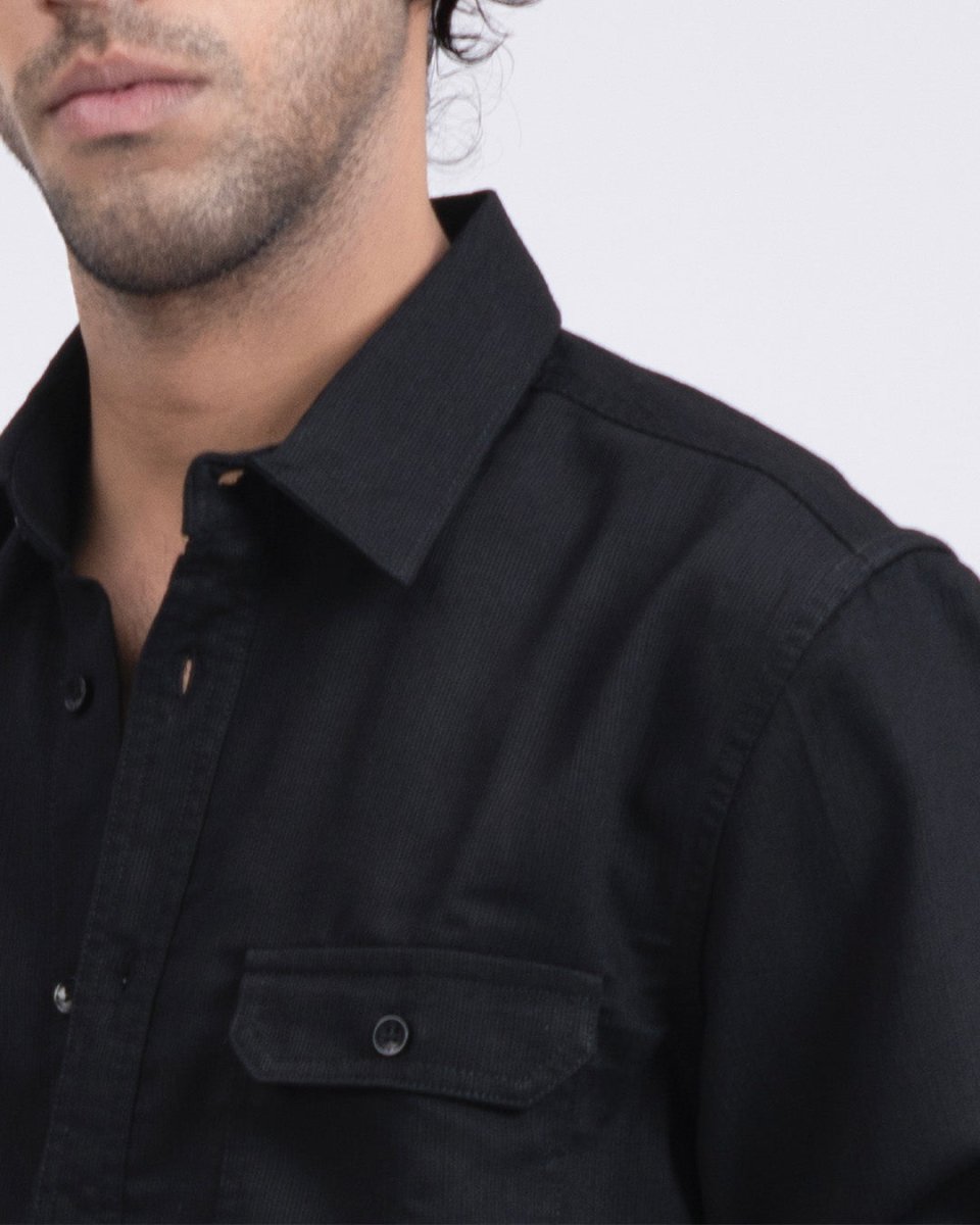 TAILORAEDGE Easy Iron Cord Cargo Shirt In Black