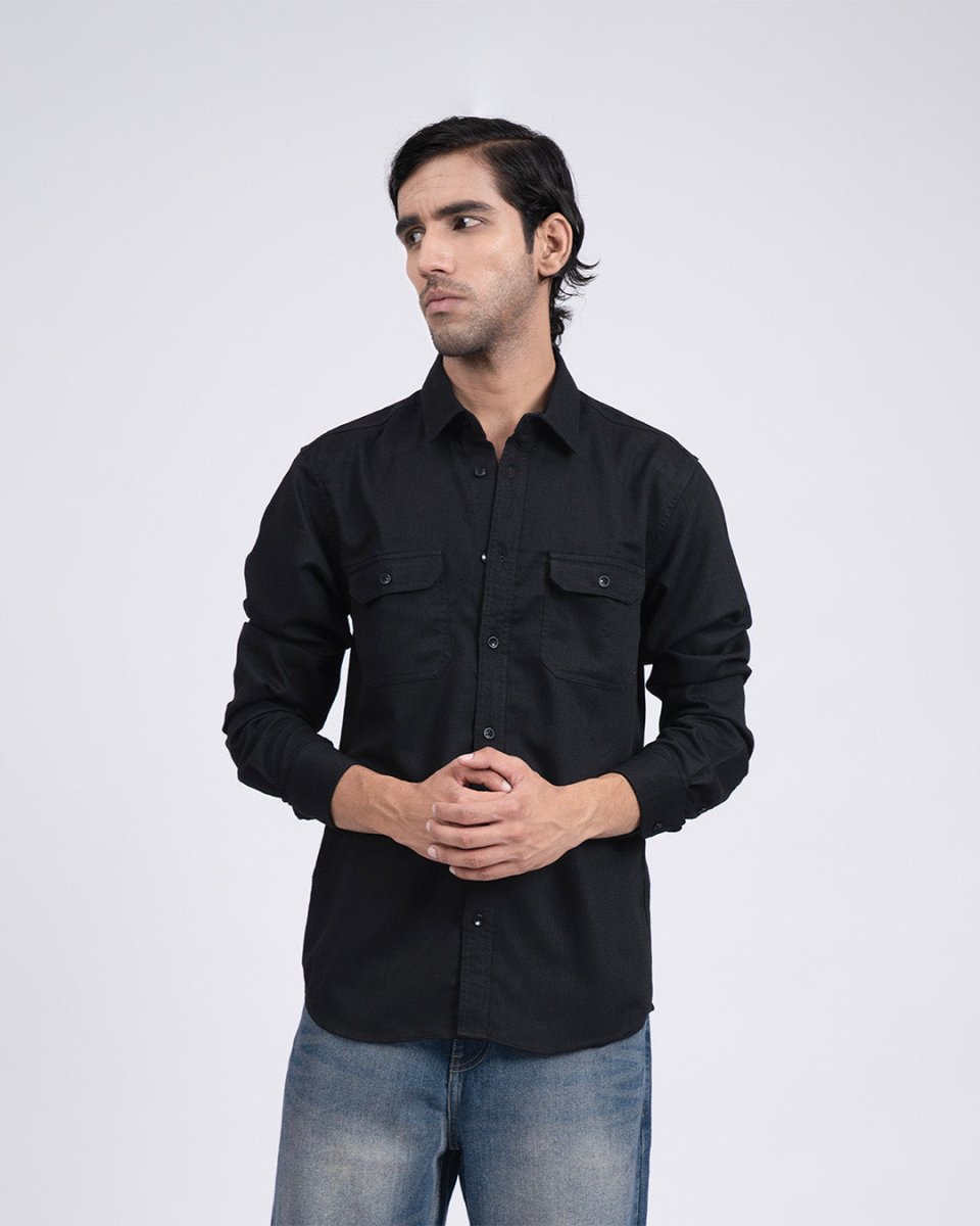 TAILORAEDGE Easy Iron Cord Cargo Shirt In Black