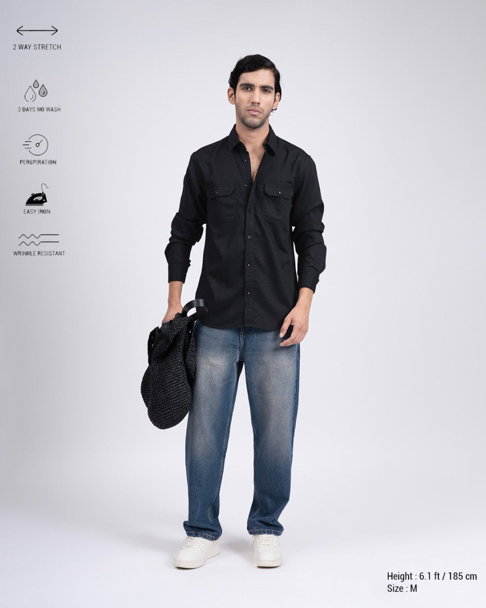 TAILORAEDGE Easy Iron Cord Cargo Shirt In Black