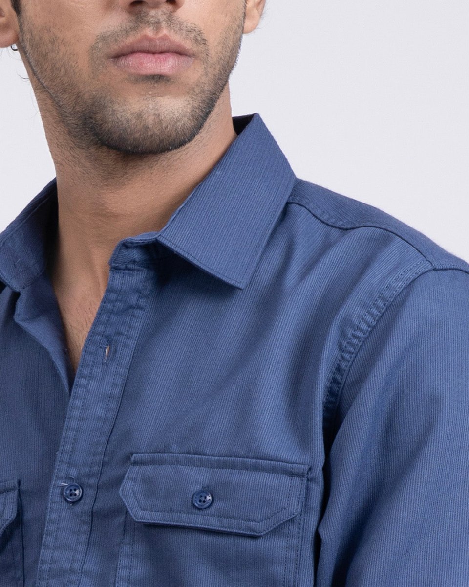 TAILORAEDGE Easy Iron Cord Cargo Shirt In Blue