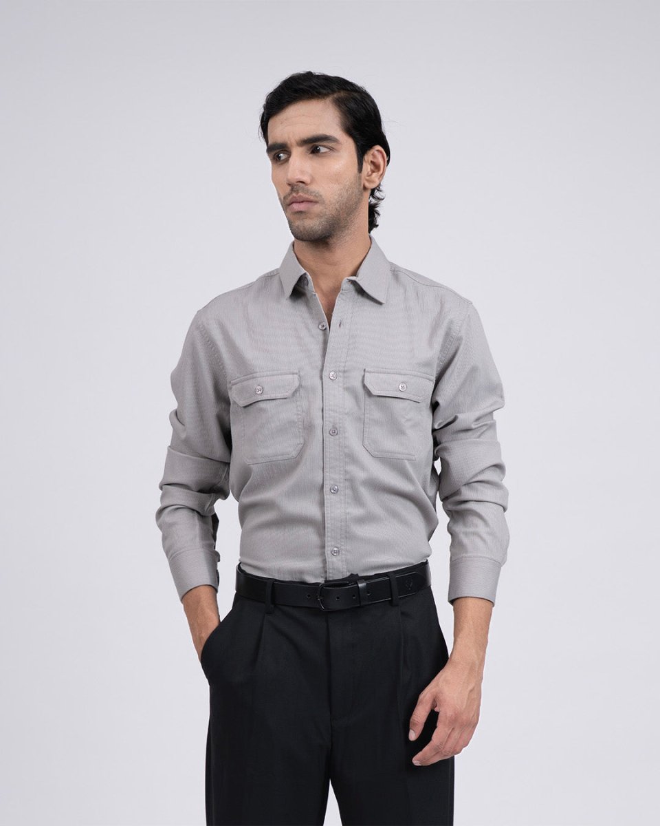TAILORAEDGE Easy Iron Cord Cargo Shirt In Grey