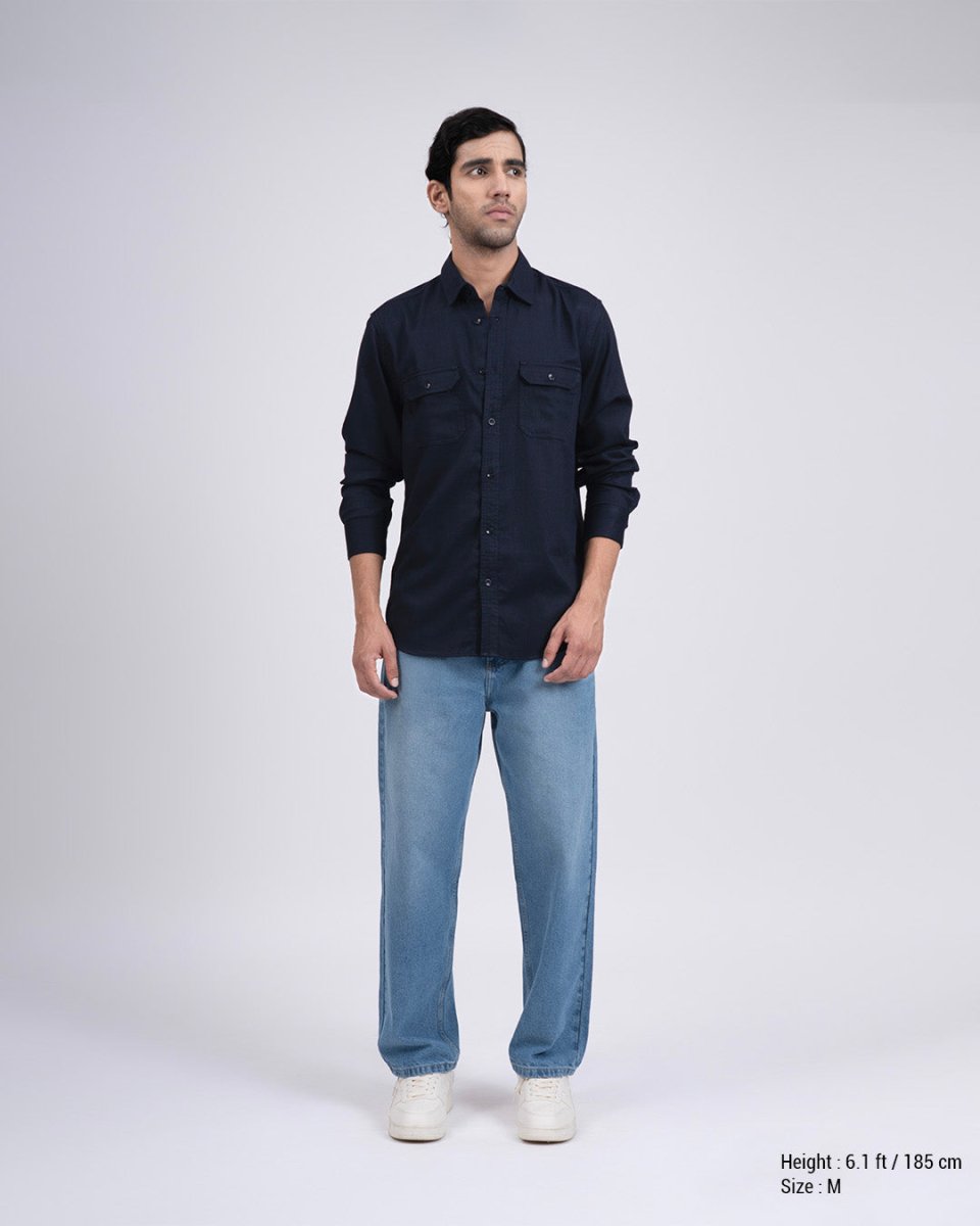 TAILORAEDGE Easy Iron Cord Cargo Shirt In Navy