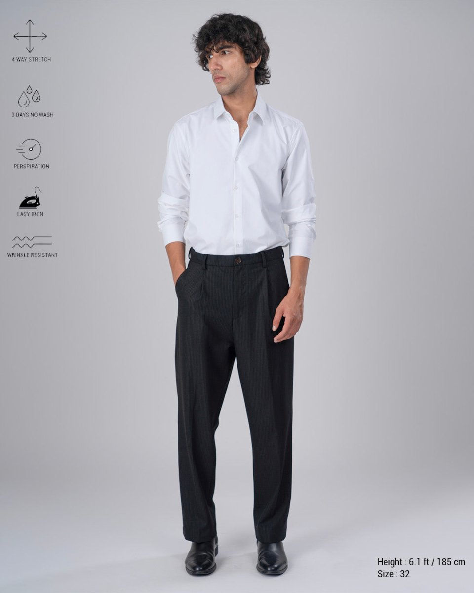 TAILORAEDGE Easy Iron Pinstriped Relaxed Trousers In Black