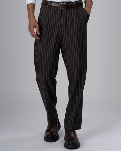 Easy Iron Striped Relaxed Trousers In Brown