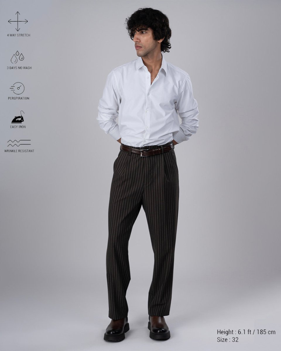TAILORAEDGE Easy Iron Striped Relaxed Trousers In Brown
