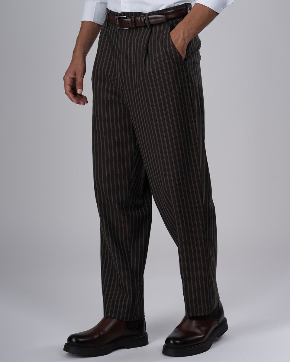 TAILORAEDGE Easy Iron Striped Relaxed Trousers In Brown