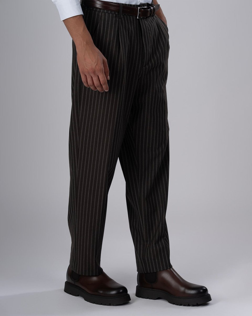 TAILORAEDGE Easy Iron Striped Relaxed Trousers In Brown