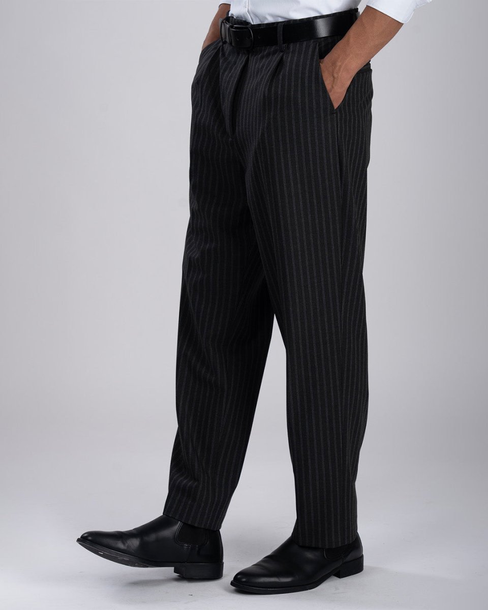 TAILORAEDGE Easy Iron Striped Relaxed Trousers In Dark Grey