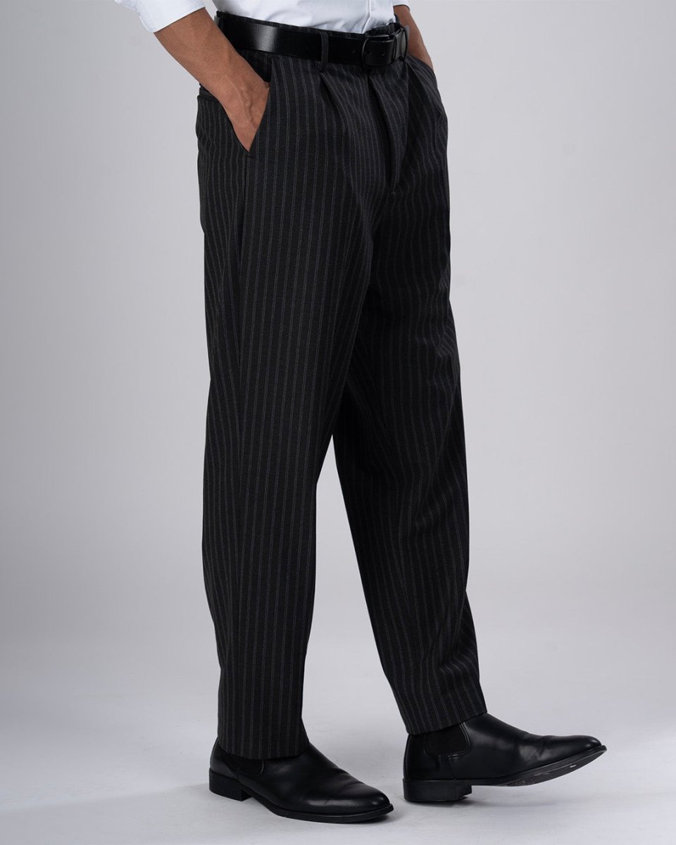 TAILORAEDGE Easy Iron Striped Relaxed Trousers In Dark Grey