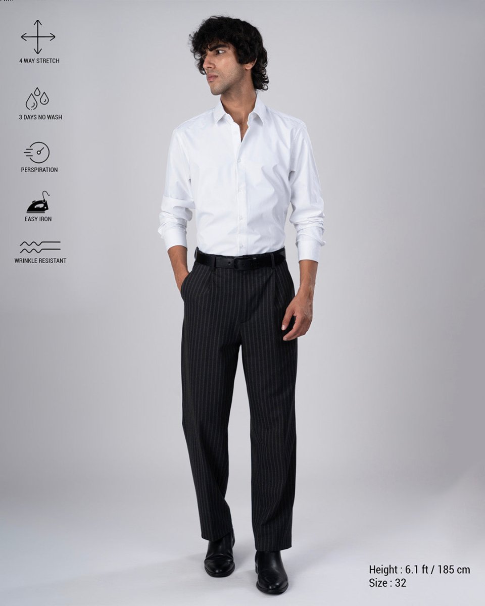 TAILORAEDGE Easy Iron Striped Relaxed Trousers In Dark Grey