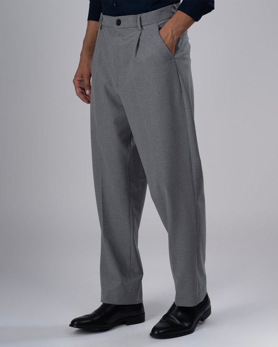 TAILORAEDGE Easy Iron Striped Relaxed Trousers In Light Grey
