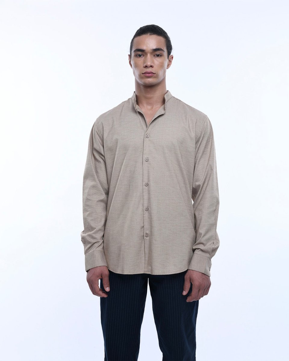TAILORAEDGE Easy Iron Textured Mandarin Shirt In Beige