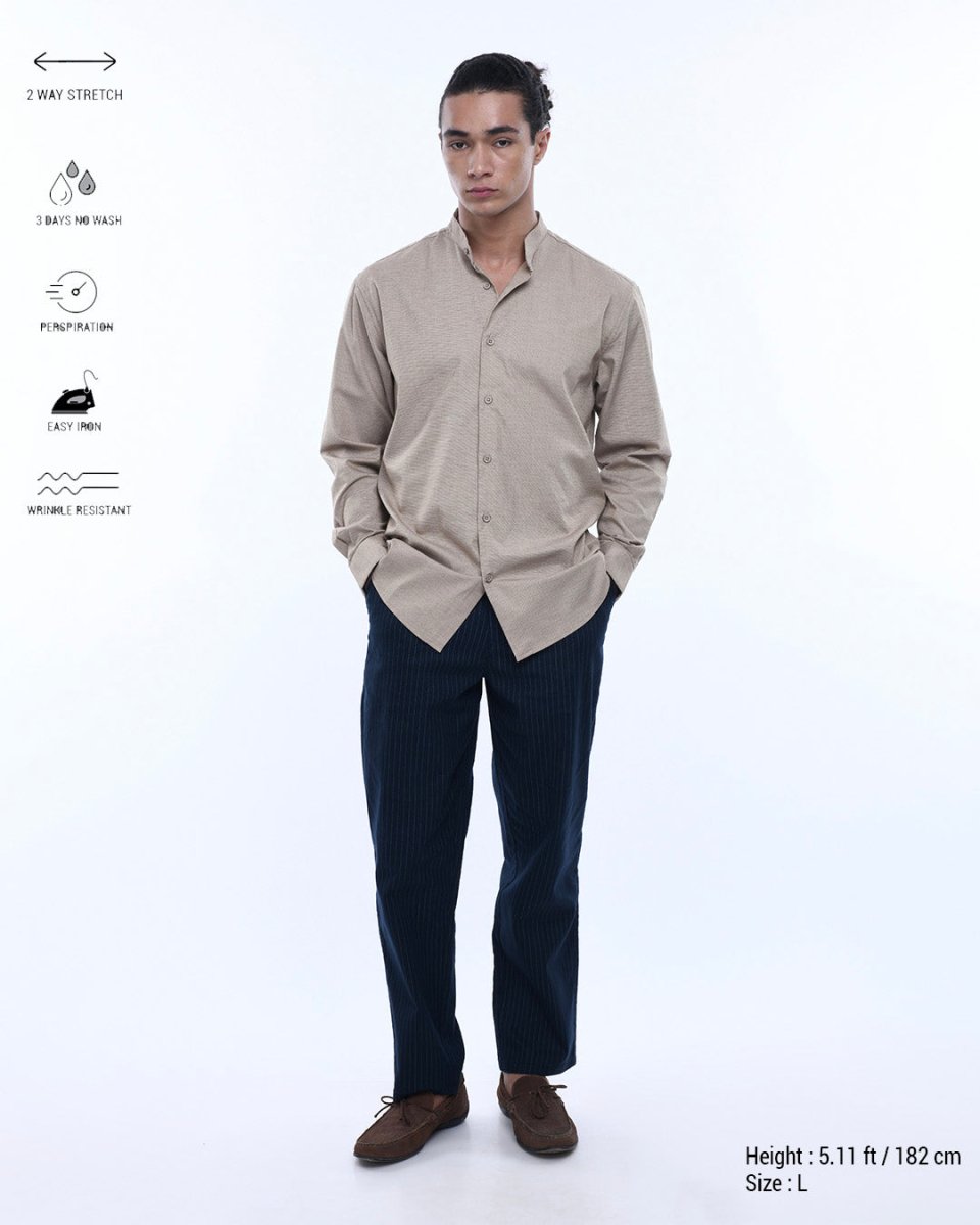 TAILORAEDGE Easy Iron Textured Mandarin Shirt In Beige