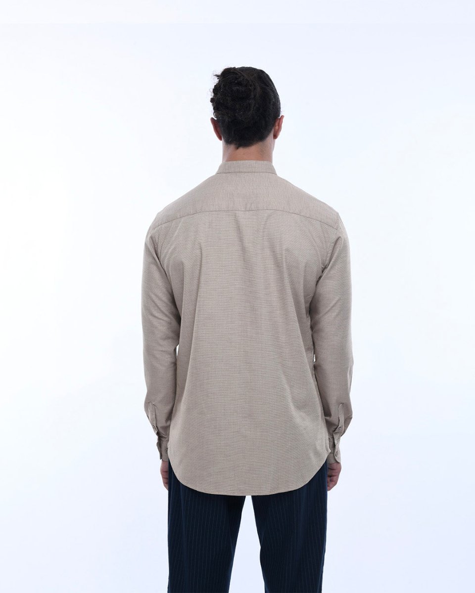 TAILORAEDGE Easy Iron Textured Mandarin Shirt In Beige