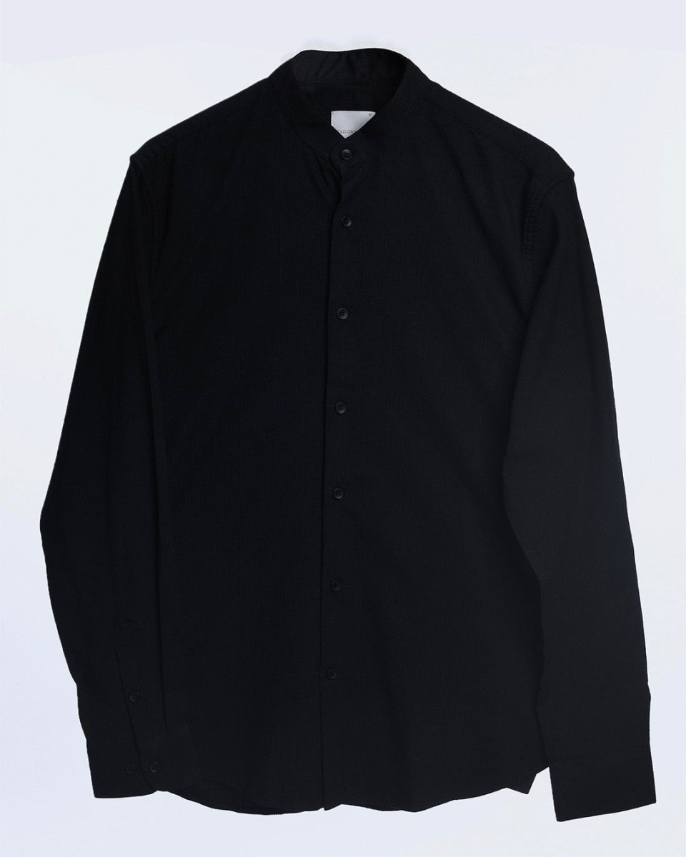 TAILORAEDGE Easy Iron Textured Mandarin Shirt In Black