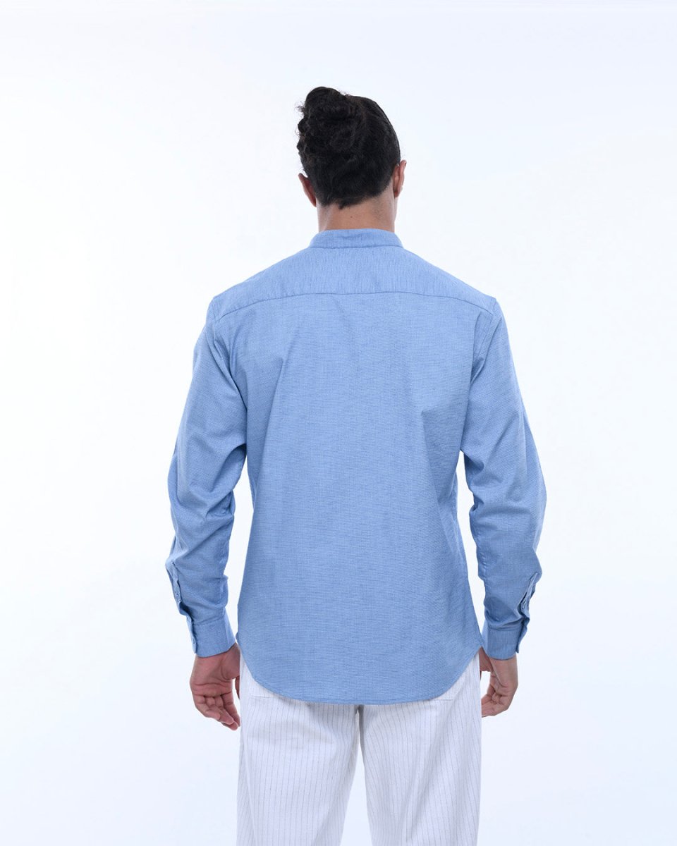 TAILORAEDGE Easy Iron Textured Mandarin Shirt In Blue