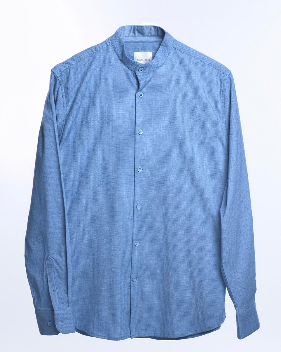 TAILORAEDGE Easy Iron Textured Mandarin Shirt In Blue